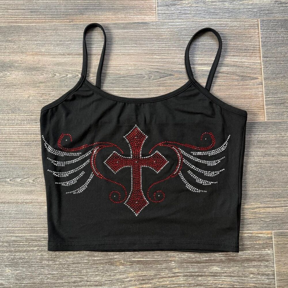 Grunge biker rhinestone cross with angel wings Romwe black and Red